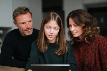 A family's heartwarming moment: A mother, father, and daughter, all are closely observing a tablet screen. The scene is full of closeness and connection.