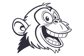 Monochrome cartoon monkey head shows huge grin, showcasing its teeth in black and white