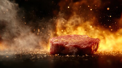 This captivating image features a juicy steak illuminated by a fiery background, creating an intense and mouthwatering visual sensation that captures attention.