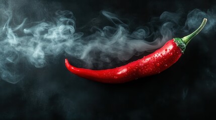 A striking image of a red chili pepper glistening with raindrops, releasing swirling smoke, creating an intriguing and spicy visual encounter.