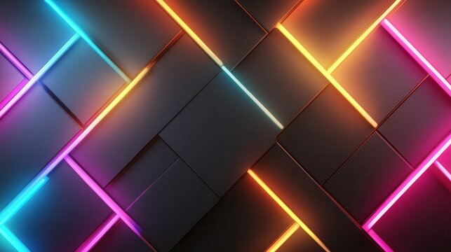 A vibrant neon grid pattern blends geometric shapes and colors, showcasing a modern artistic style that embodies technological aesthetics and creative expression.