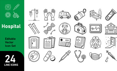 Modern Hospital and Medical Services Line Icon Set – Editable Thin Vector for Healthcare, Doctors, Emergency, Treatment, and Clinical Infographics

