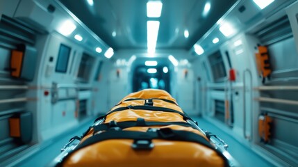 An emergency stretcher is depicted inside a high-tech medical environment, focusing on the essential equipment and highlighting themes of healthcare, urgency, and innovation.