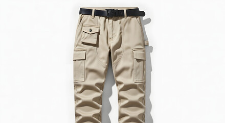 Men's Beige Cargo Pants with Black Belt on White Background Fashion Apparel Design.