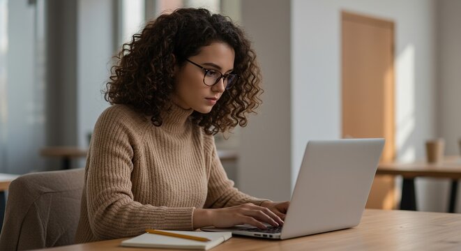 Young woman working on laptop in modern office - Powered by Adobe