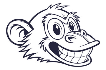 Isolated cartoon monkey head boldly grins, revealing its prominent teeth in black and white