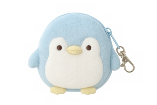 Adorable light blue and white plush penguin coin purse keychain on transparent background