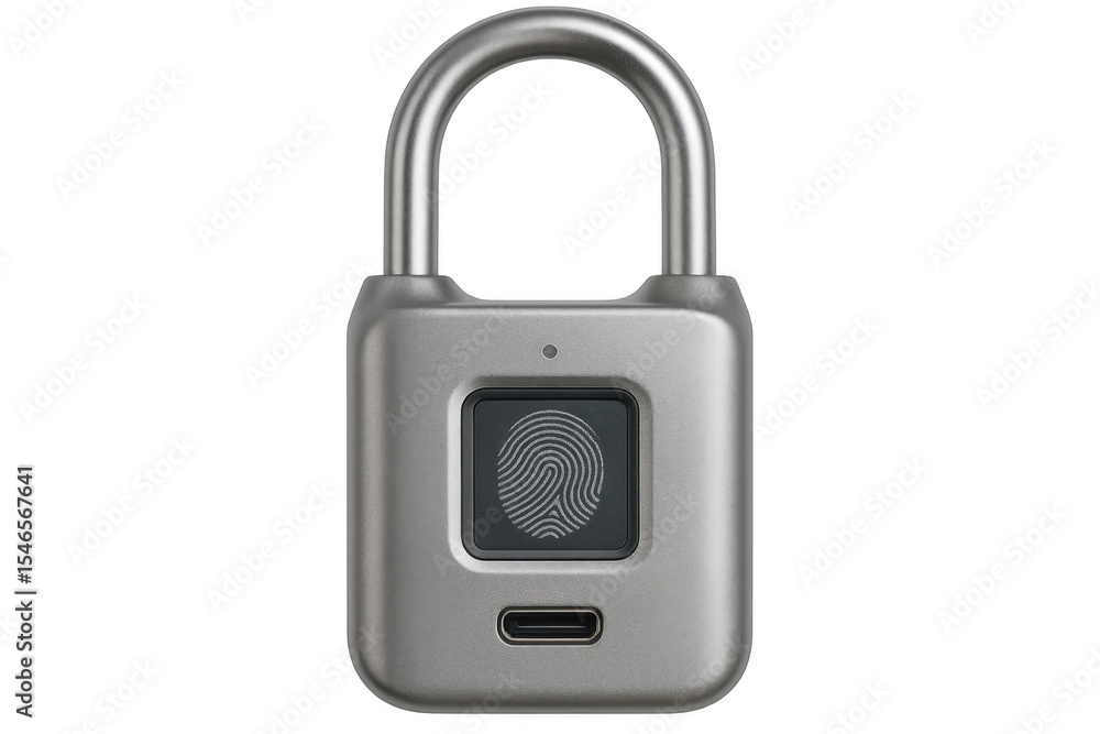 Poster modern padlock with fingerprint scanner ensuring security on transparent background