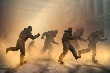 Running people in a gas masks and protective suits. Environmental pollution concept. Dirty air with dust and noise, grunge effect.
