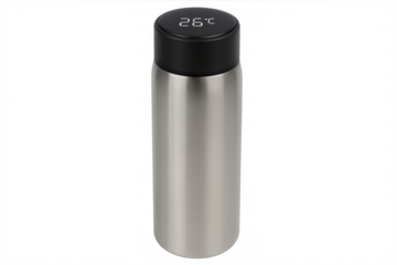 Modern thermal bottle showing temperature on transparent background