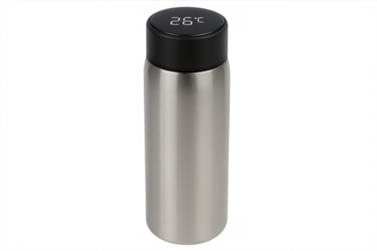 Modern thermal bottle showing temperature on transparent background