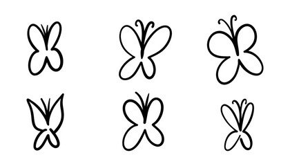 Set of hand drawn butterflies. Doodle style vector illustration. Sketch outline insects for spring, nature, or decorative design. Isolated black and white butterfly collection.
