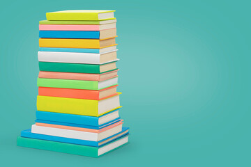 Books in multi-colored covers. Literature for children. Collection in the library. Textbooks for school college or university