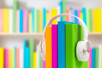 Books with headphones. Audiobook concept. Listening to lectures, learning languages, podcast, voicing literature