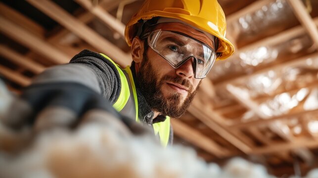 A dedicated contractor in a hard hat and safety goggles focuses on his work at a construction site, showcasing commitment, professionalism, and the importance of safety in industry.