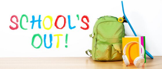 School Holidays concept. Fun colorful inscriptions in a children's style. Backpack, headphones,...