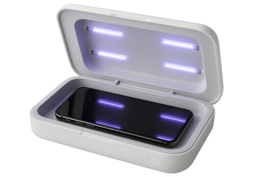 Uv light sterilizer sanitizing smartphone on transparent background