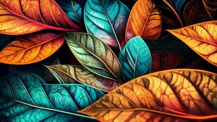 Abstract design showcasing detailed leaves with warm orange, teal, and red tones set against a dark background, evoking nature and organic art. - Powered by Adobe