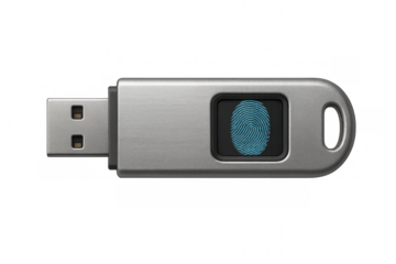 Usb flash drive showing fingerprint for security authentication on transparent background