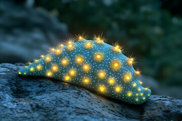 Luminescent teal object studded with glowing orange spots on textured gray rock with dark green bokeh backdrop