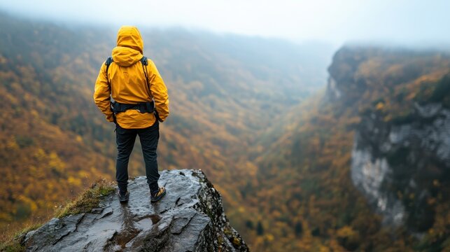 A lone figure in a yellow jacket stands on a rocky ledge, overlooking a sweeping canyon adorned in autumn foliage, shrouded in mist, evoking a sense of exploration and awe.