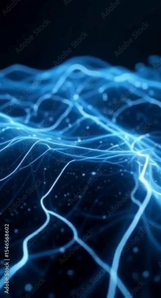 Poster abstract blue network of interconnected lines and nodes on a dark background