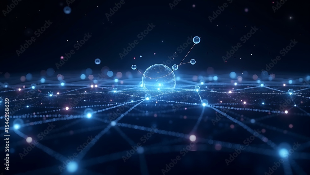 Poster a glowing digital network with spheres, representing connectivity and technology in a futuristic set
