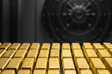 Gold bars in bank vault, national gold reserv holdings concept. Savings and investments, business and finance