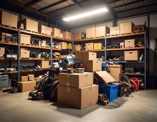 Disorganized storage room with boxes, tools, wires, and random items piled on top