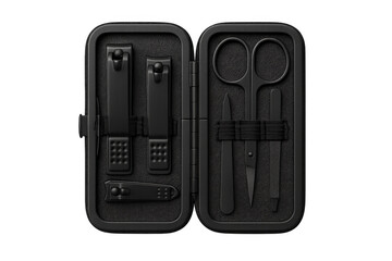 Black manicure set open on transparent background