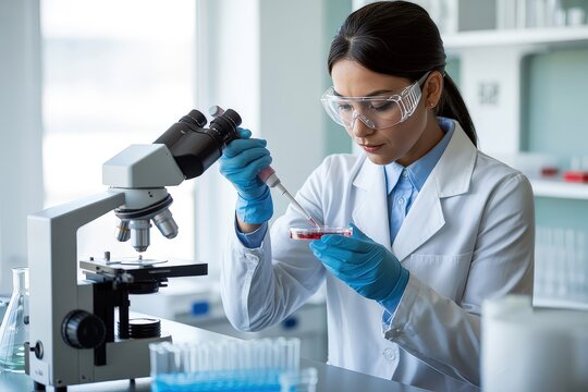 A female scientist uses a pipette to add a sample to a petri dish while using a microscope in a lab - Powered by Adobe