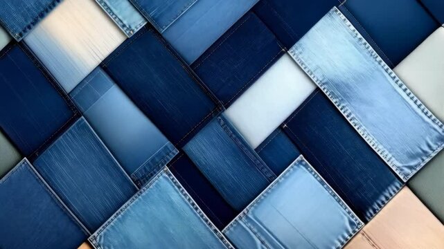 Denim patchwork background featuring shades of blue and white arranged in geometric herringbone pattern, close up shot with fabric texture