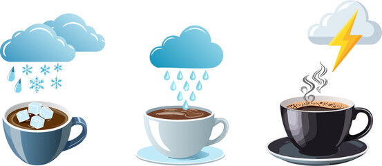 Coffee cup illustrations with different weather conditions.  Three coffee cups each showcase different weather conditions above them, illustrating how weather might influence coffee consumption. 