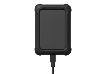 Rugged external hard drive plugged in with transparent background