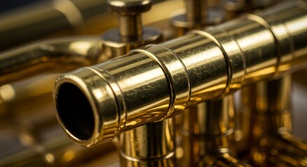 Naklejka premium Close-up of a Gold Trombone's Valve Section, Gleaming Brass Instrument Detail