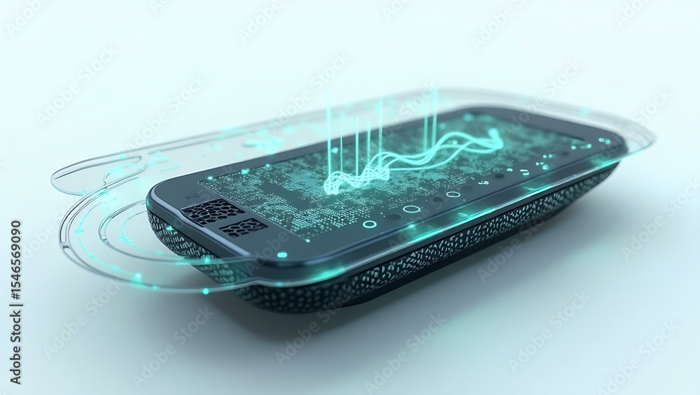 Poster futuristic smartphone with glowing elements and data visualization on screen.
