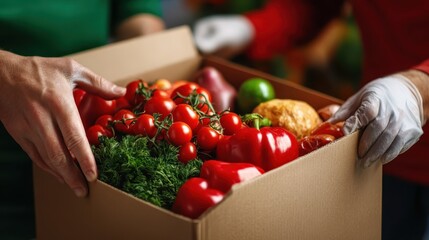 Two volunteers, wearing gloves, carefully pack a box full of fresh vegetables and fruits, emphasizing community spirit and generosity in food distribution initiatives.