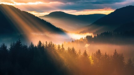 Fototapeta premium Scenic landscape with sun rays piercing through misty forested mountains