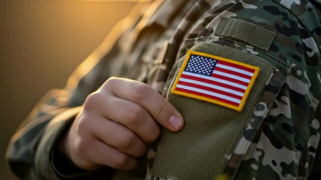 A soldier adjusts the american flag patch on their camouflage uniform
