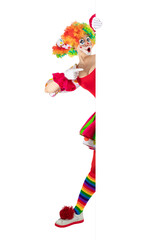 Funny surprised clown pointing sign blank template mock up for advertising, posters, greetings, invitations. Entertainer as Joker in a suit and wig, with clown whiteface makeup.