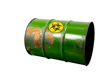 Barrel with toxic waste. Biohazard warning sign. Rusty dangerous barrel with pathogens, or other toxins on isolated background