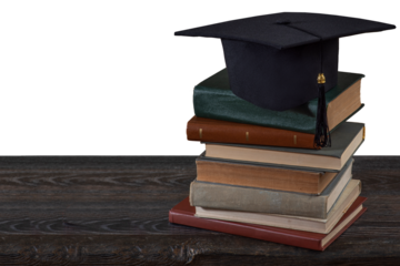 Stacks of books, Square academic cap or graduation hat. Concept of education, knowledge, intelligence