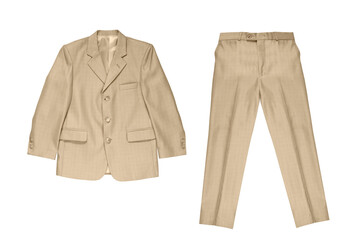 Classic fit classic men's suit, jacket, trousers, isolated background. Beige, brown color
