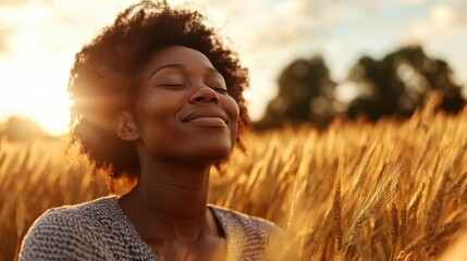 A serene woman stands in a golden wheat field at sunset, capturing a moment of tranquility and connection to nature, symbolizing inner peace and happiness.