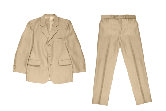 Classic fit classic men's suit, jacket, trousers, isolated background. Beige, brown color