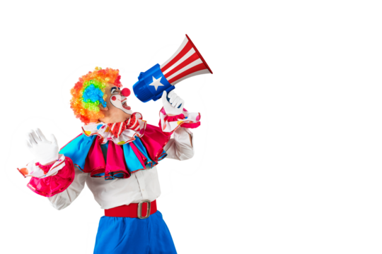 Funny clown shouting with loudspeaker. Entertainer Joker in colorful suit and wig. Trickster, jester, pantomime, mime, whiteface makeup. Professional actor at event, kids party, circus.