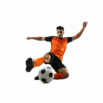 Male soccer player in a dynamic pose kicking a ball with power, isolated on a white background