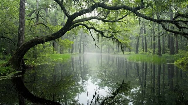 Misty swamp scene with moss-draped trees reflected in still water