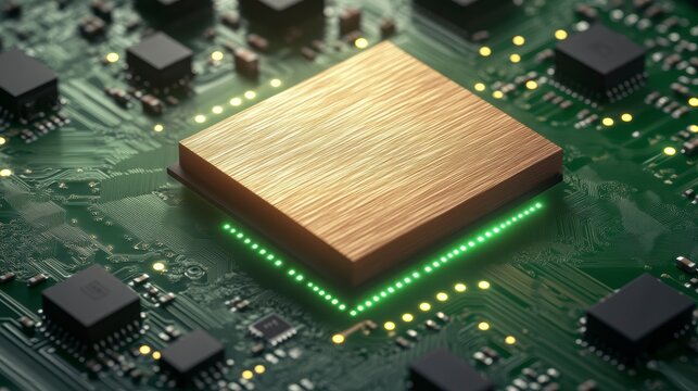 Wooden CPU on circuit board; technological innovation concept.
