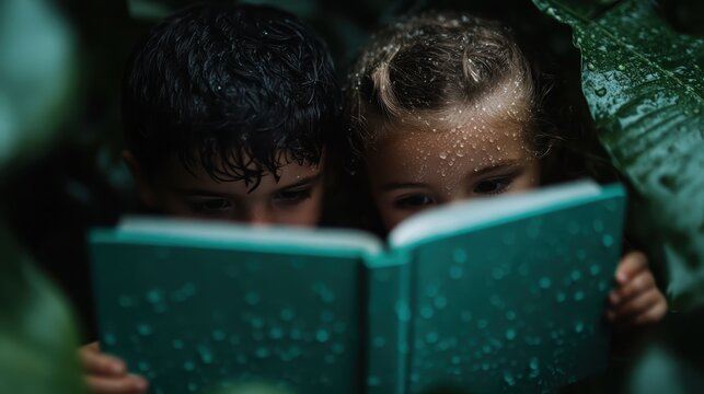 Two children sheltered among large green leaves read a book as raindrops gather on the pages, creating a serene and intimate atmosphere of curiosity and learning.
